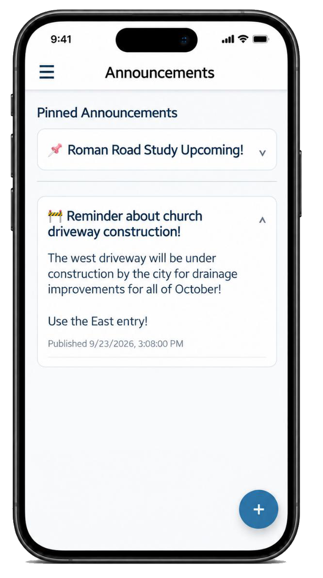 Gather & Build announcements screen