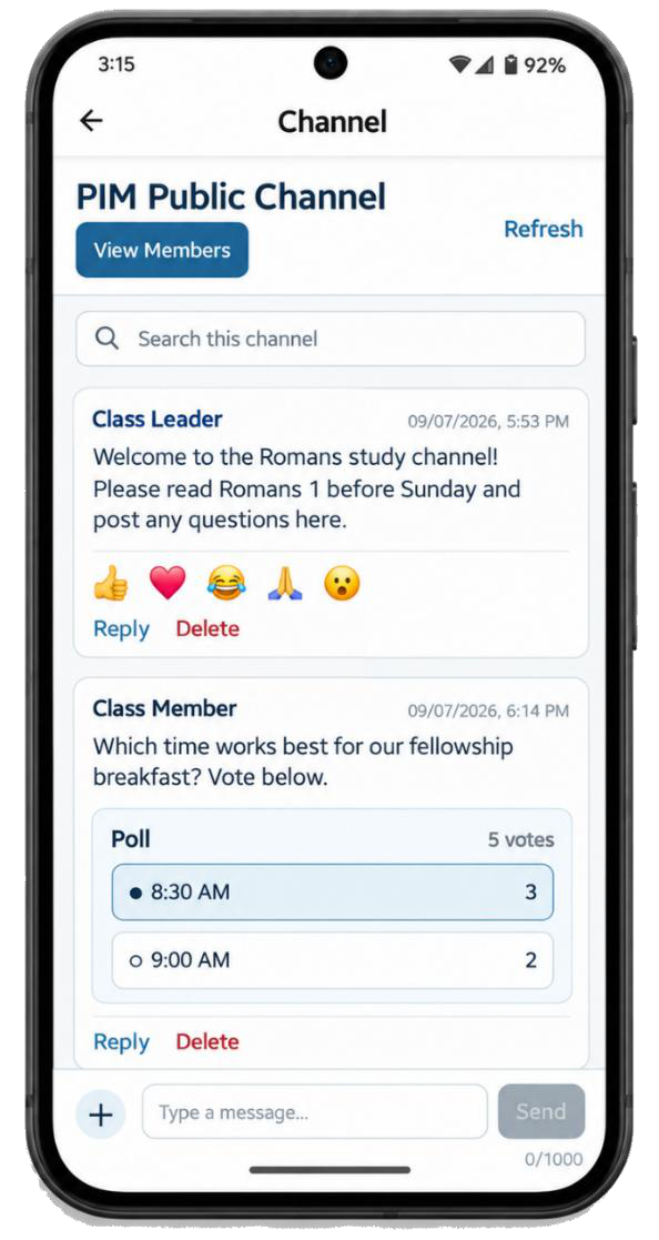 Gather & Build channel showing a class conversation and poll