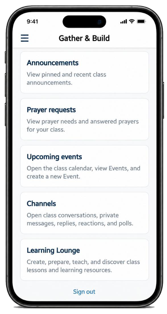 Gather & Build home screen with announcements, prayer requests, events, channels, and Learning Lounge