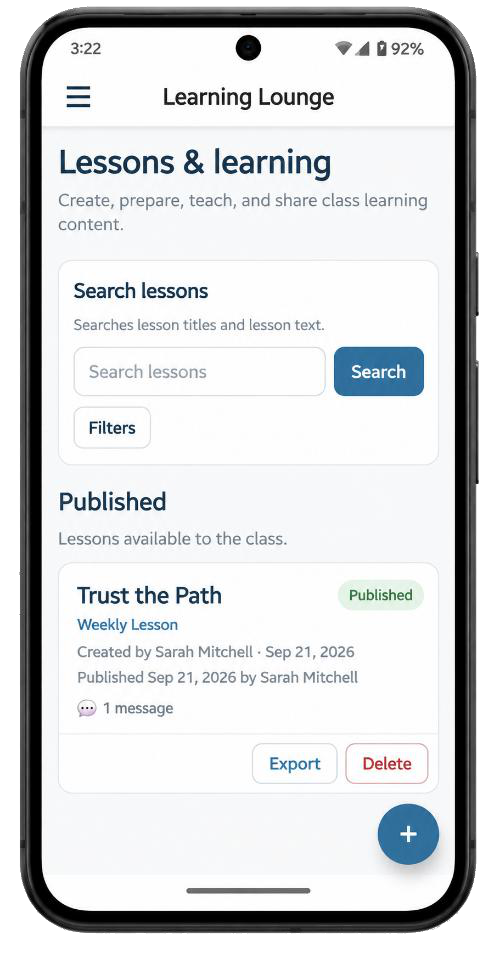 Learning Lounge with lesson search and a published lesson