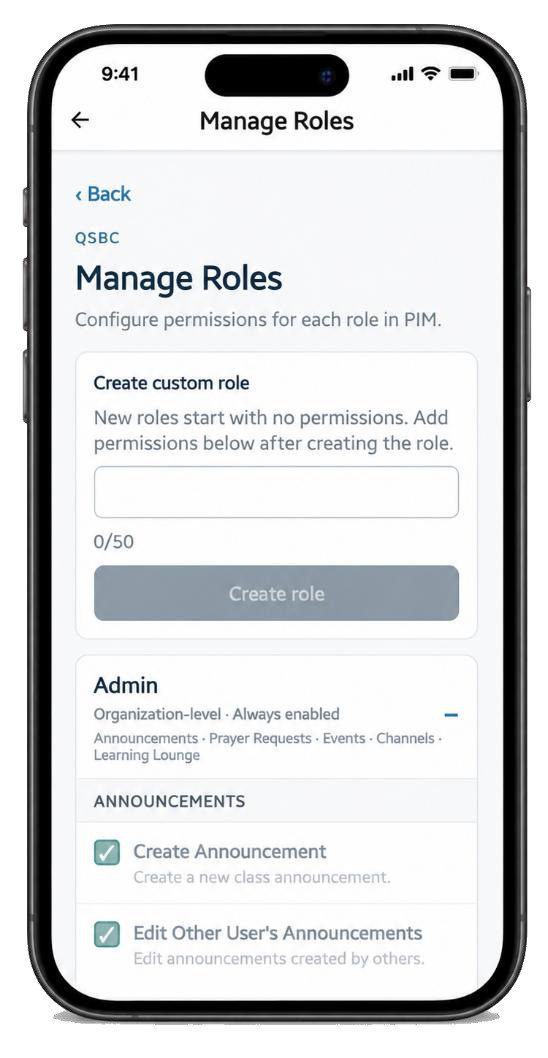 Gather & Build Manage Roles screen with custom role creation and configurable announcement permissions